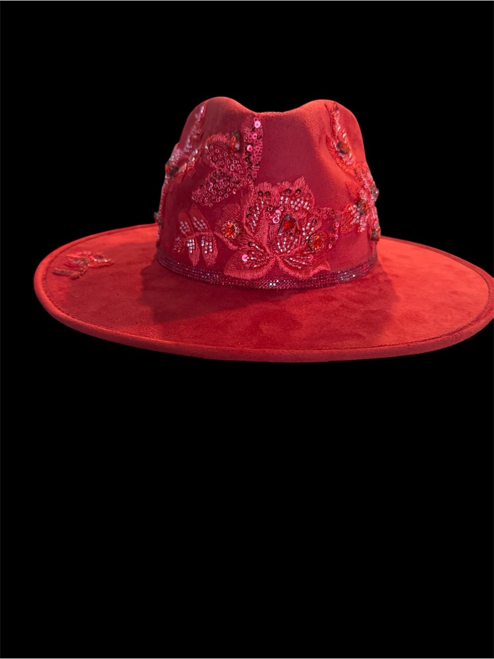 Embellished Red Wide-Brim Fedora Hat